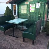 Set of two bistro banquettes plus table