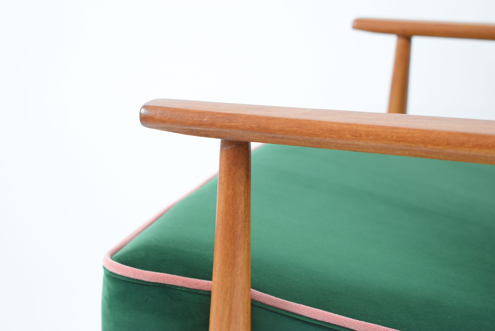 Vintage armchair, fully renovated, 1970s, green bottle velvet, pink edge