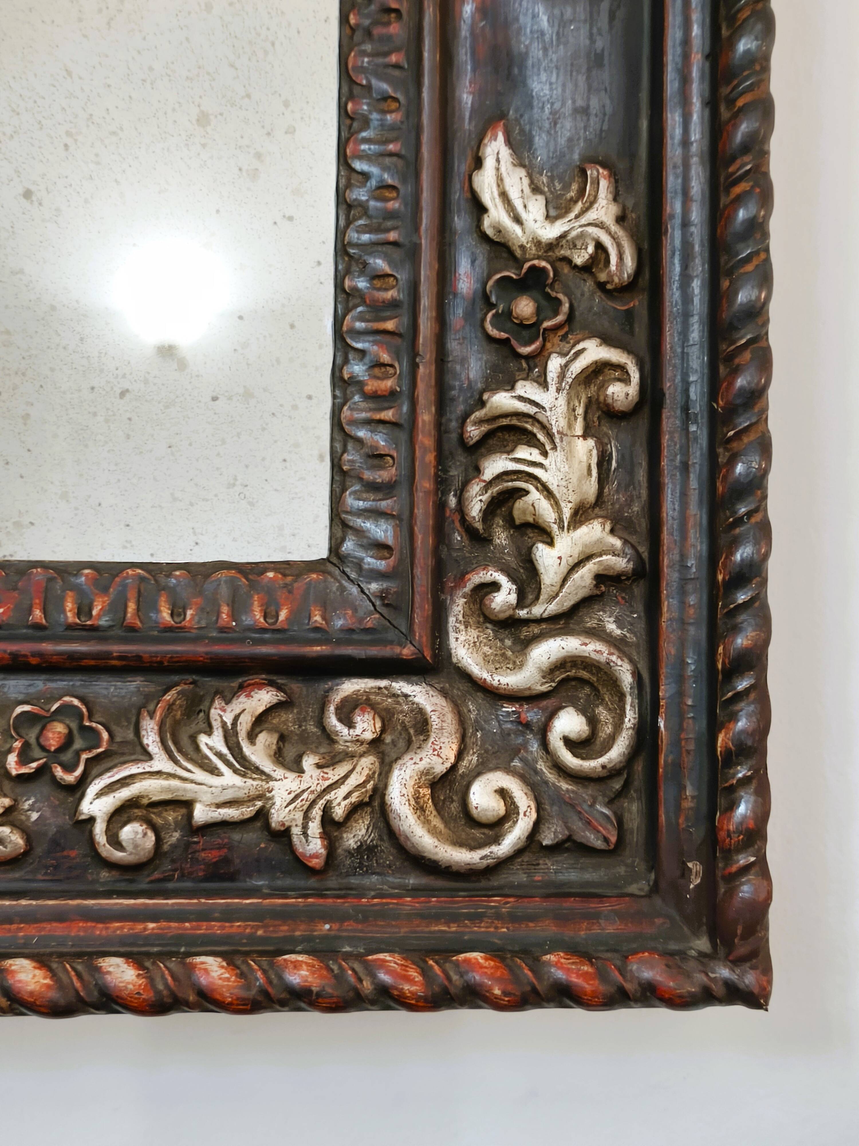 Grande Miroir Italien Sculpté, Bois Doré et Patiné, Style Baroque Rococo, A