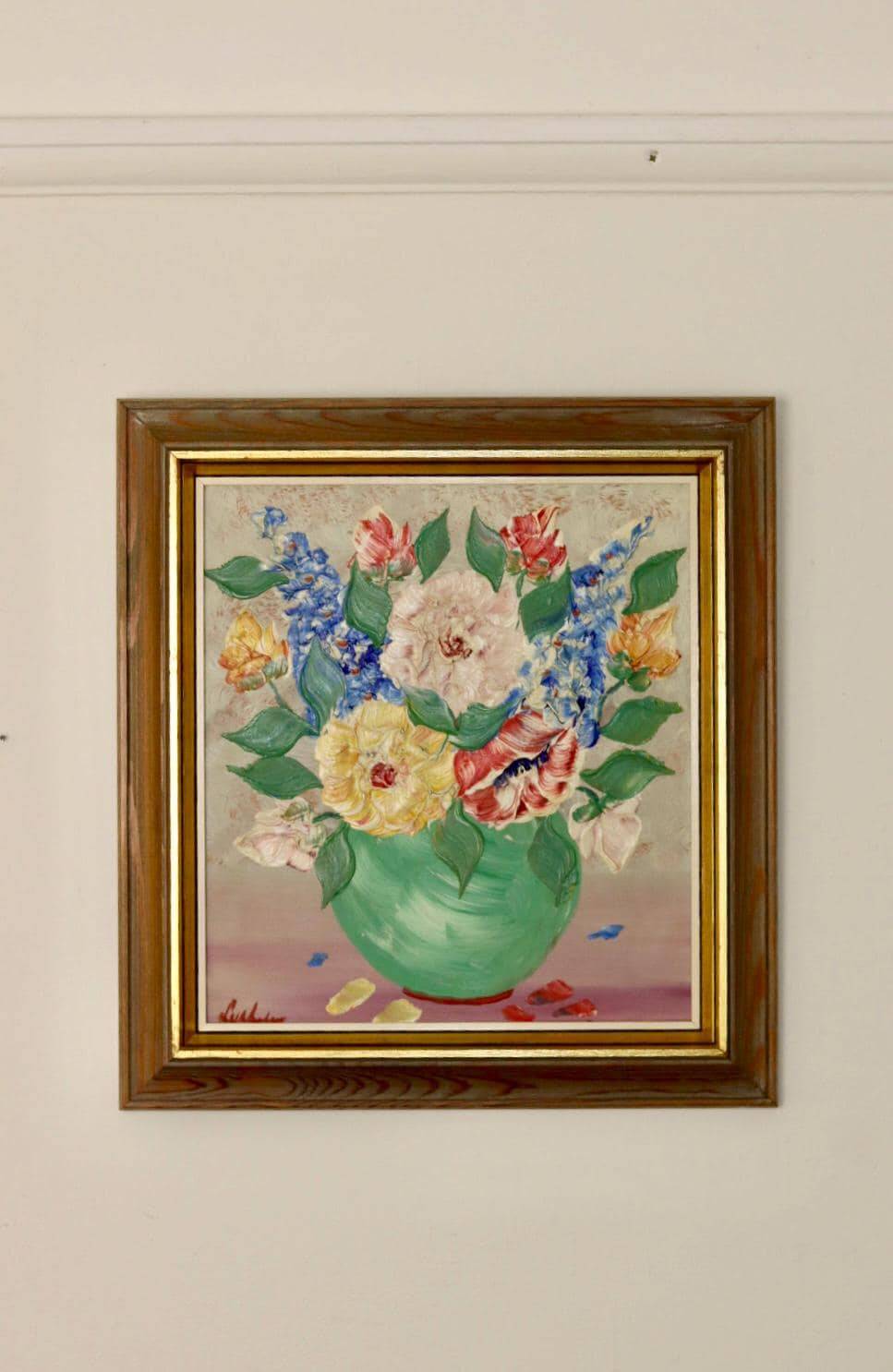 Peinture à l'huile sur panneau suédoise du milieu du siècle "Nature morte" par Gustav Adolf Lysholm - Vintage et encadrée