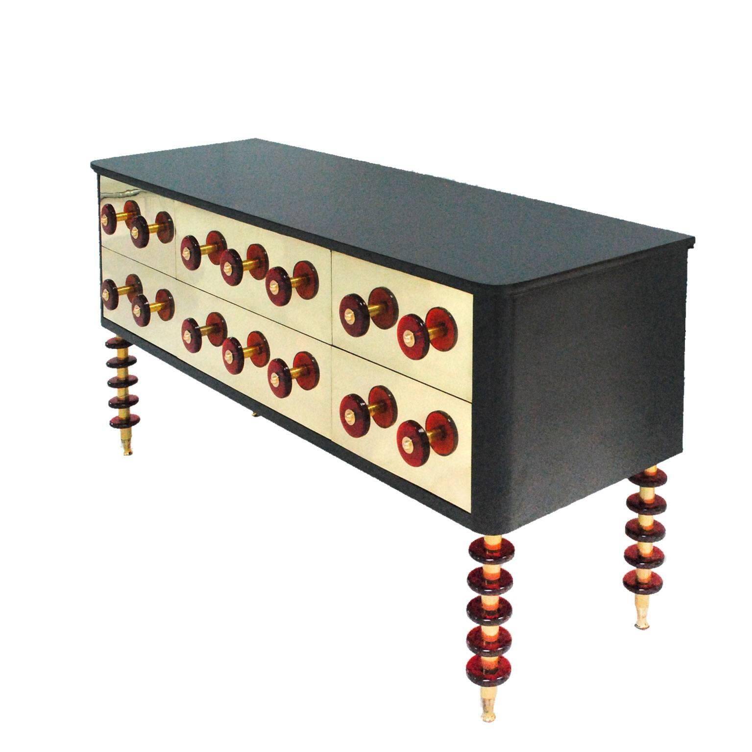 Midcentury Style Italian Sideboard Made of Solid Wood Murano Glass and Brass