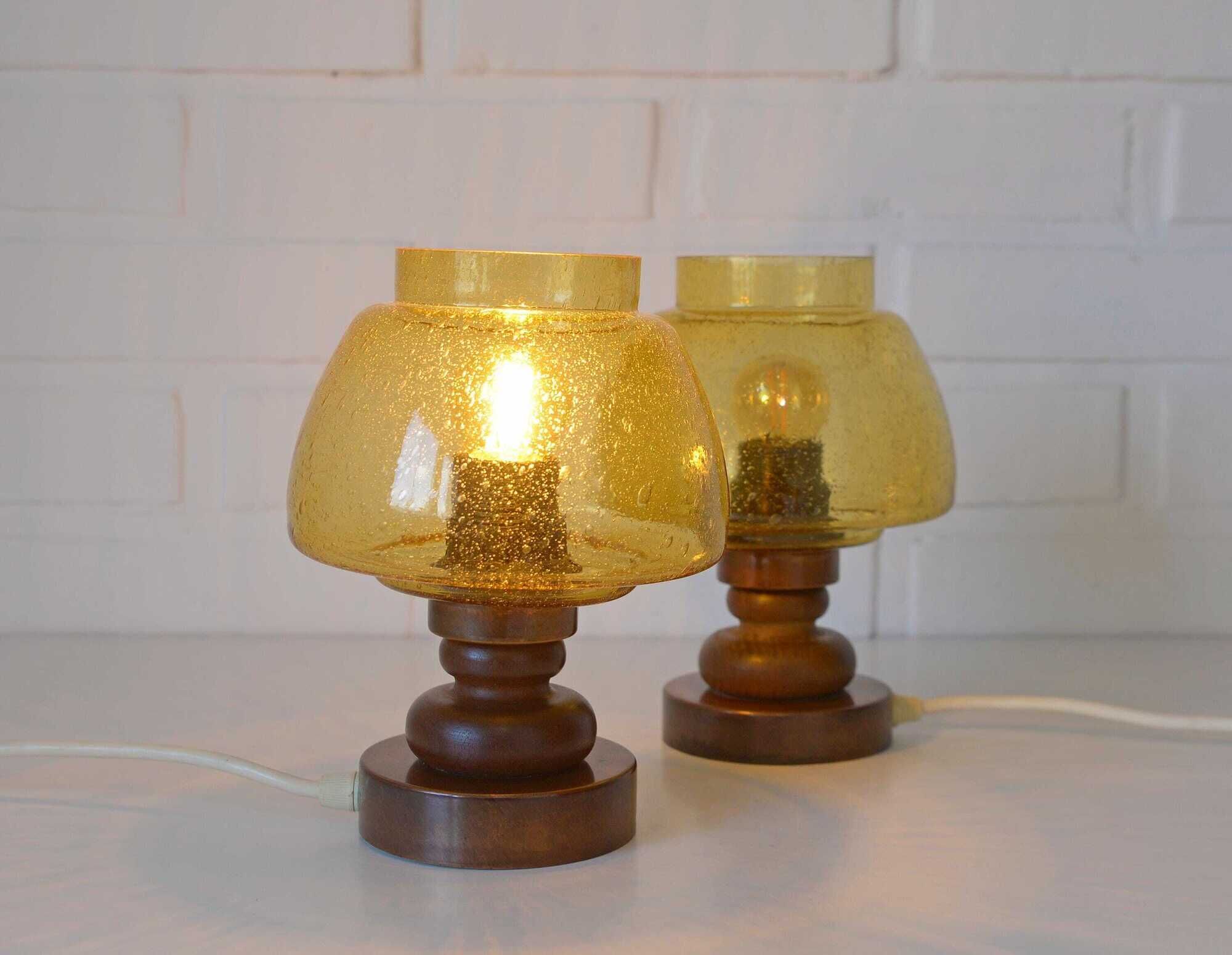 Pair Vintage Amber Glass Bedside Lamps, Copper Wood, Yugoslavia 1980s