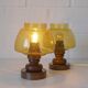 Pair Vintage Amber Glass Bedside Lamps, Copper Wood, Yugoslavia 1980s