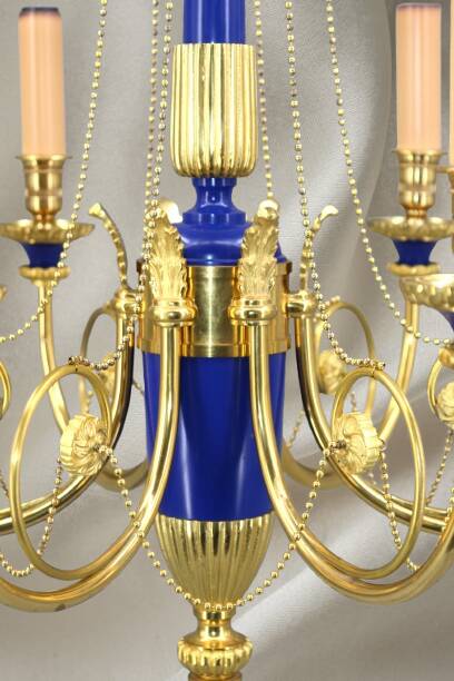 Solid Bronze Lustre Directoire Style in Gold & Royal Blue with Six Candles
