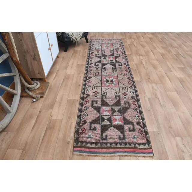 Vintage Turkish Oushak Handmade Wool Pink Brown Runner Rug 87x320