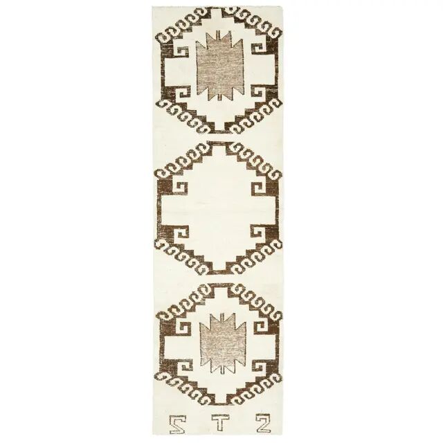 1970s Vintage Turkish Hand-Knotted Wool Cotton Beige Runner Rug 94x316