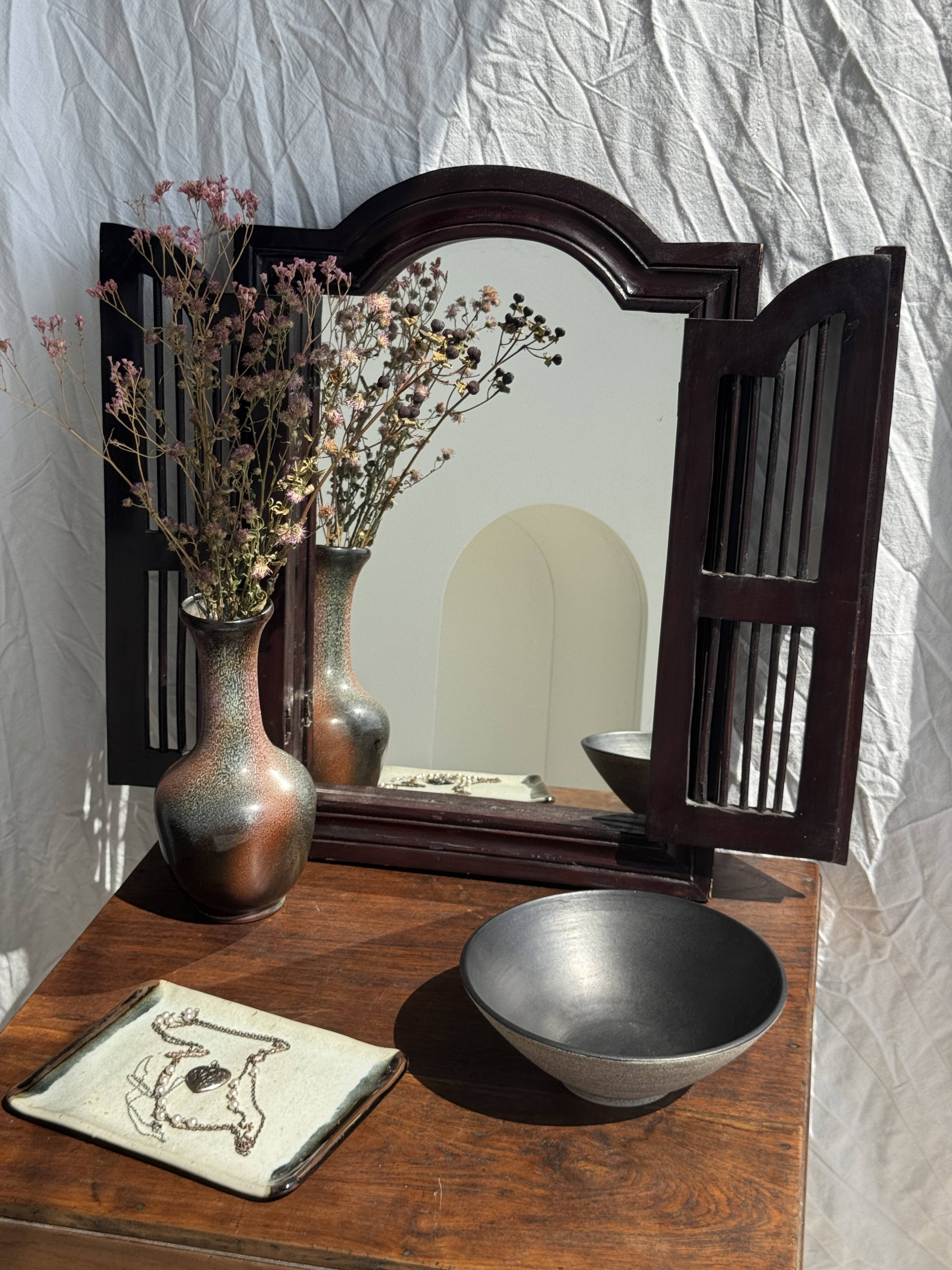 Dark brown wooden mirror with two baguettes H55 L40
