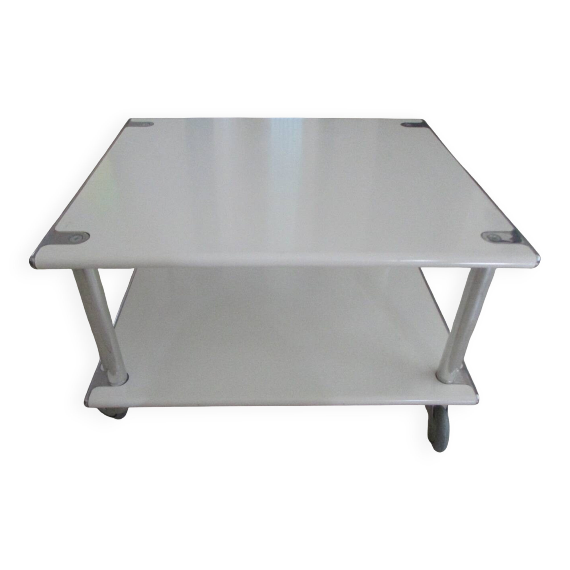 "Space Age" coffee table in white lacquered steel. Double tops. France, Circa