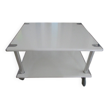 "Space Age" coffee table in white lacquered steel. Double tops. France, Circa