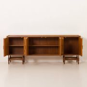 Itaian mid century teak sideboard with black glass top and inlays, 1970s