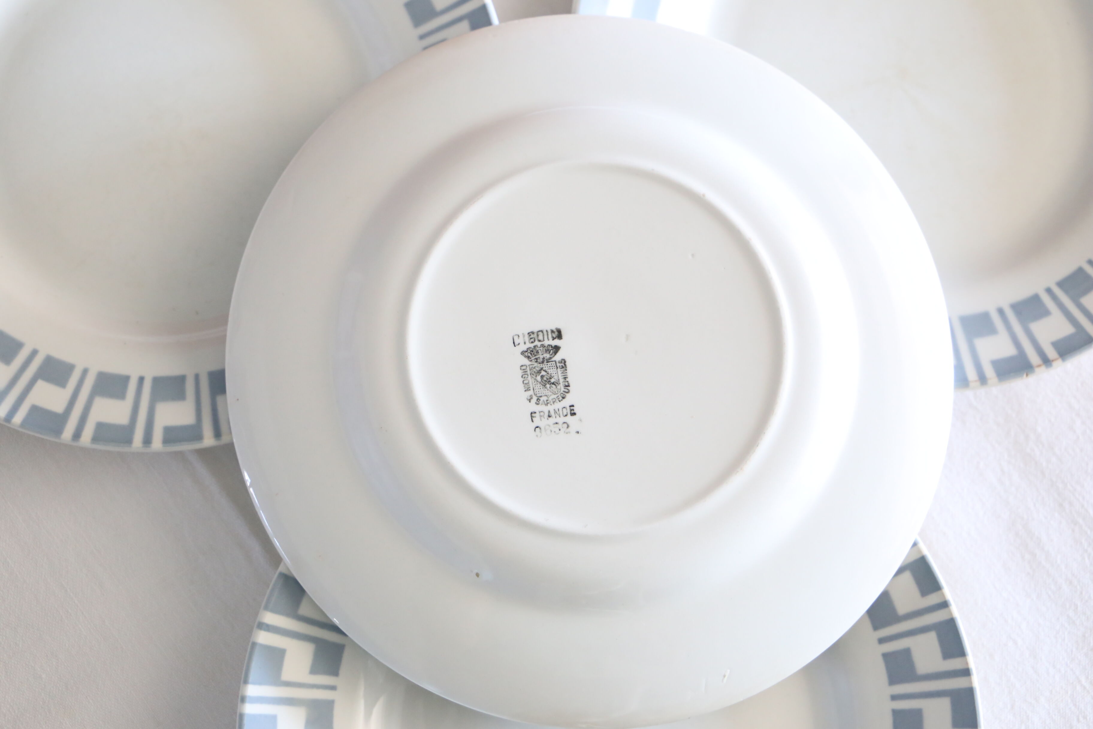 Set of 5 Digoin flat plates, blue geometric patterns, vintage French, rustic, campag