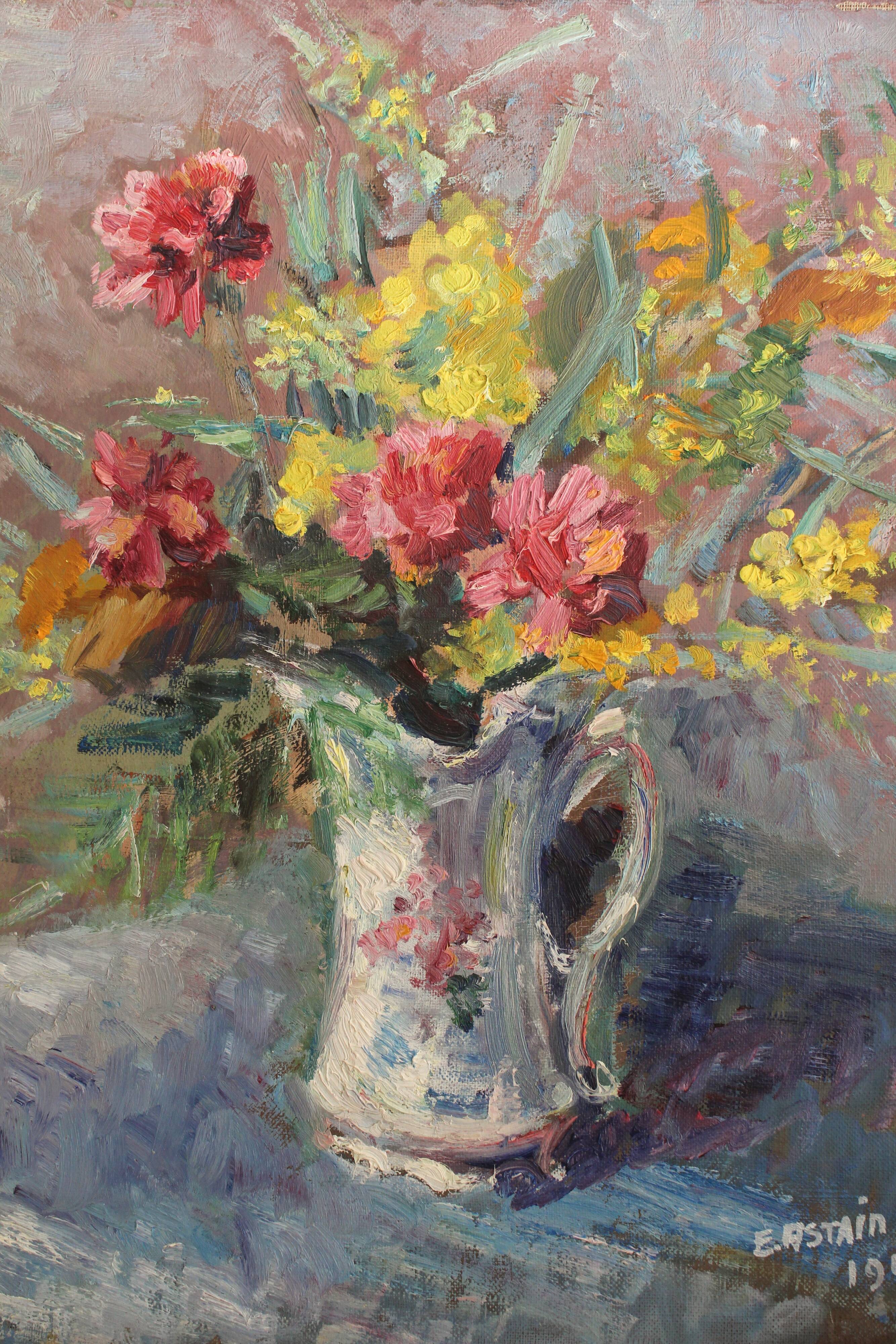 Old painting, oil on cardboard signed E. Astain, "Flowers", 1945