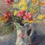 Old painting, oil on cardboard signed E. Astain, "Flowers", 1945