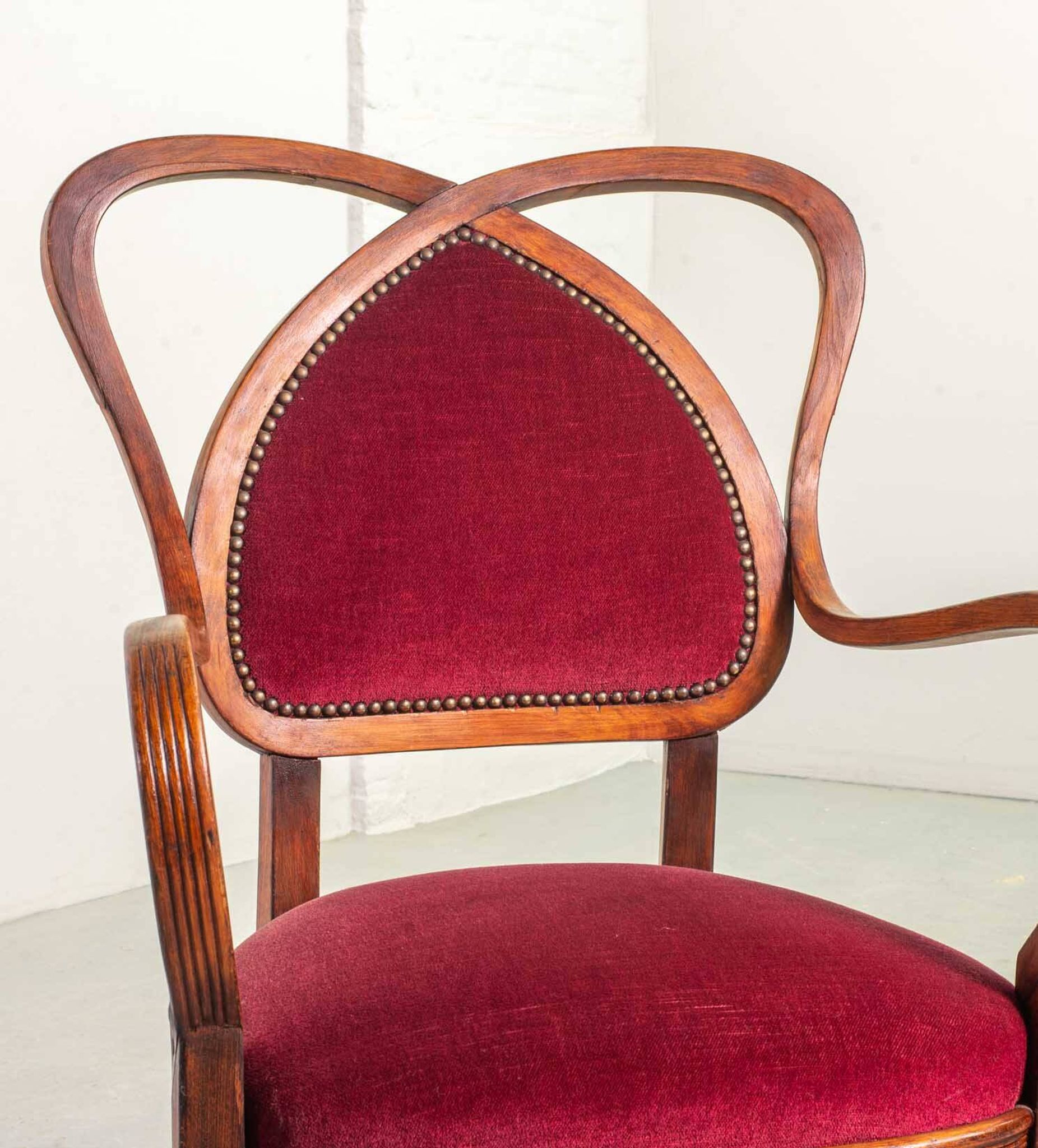 Red Velvet Heartshaped Wooden Vintage Design Side Chairs. Set of 2. 1950s
