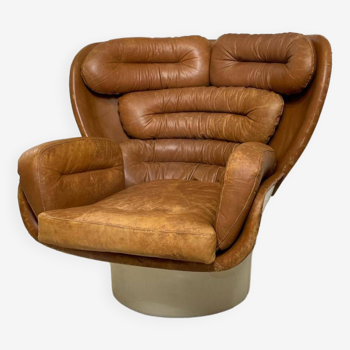 Vintage Elda swivel armchair in cognac leather by Joe Colombo, Italy 1960s