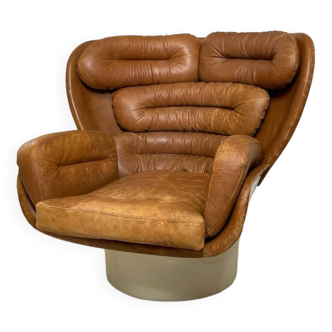 Vintage Elda swivel armchair in cognac leather by Joe Colombo, Italy 1960s