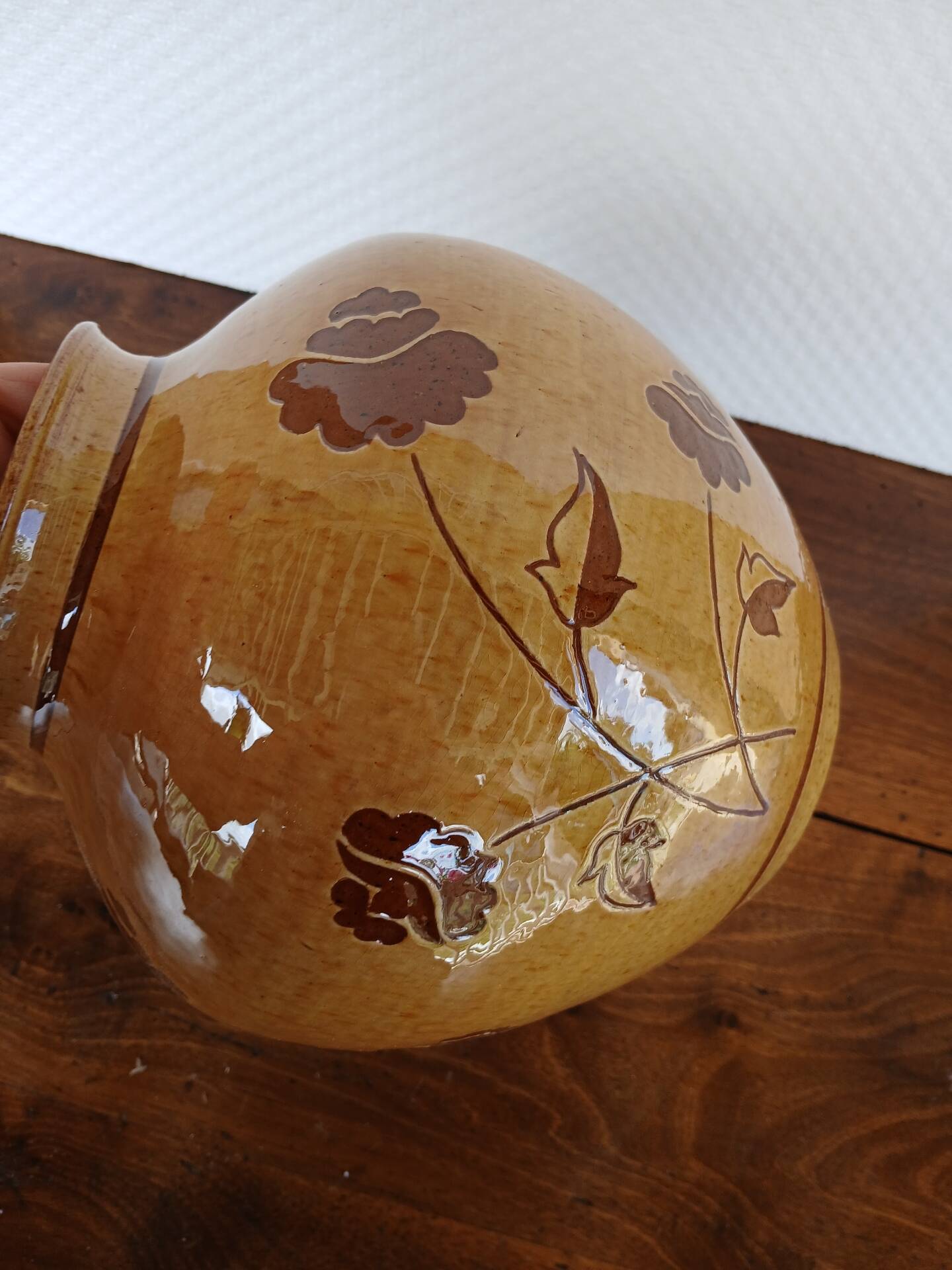 Vintage glazed vase with floral decoration signed Nigon.