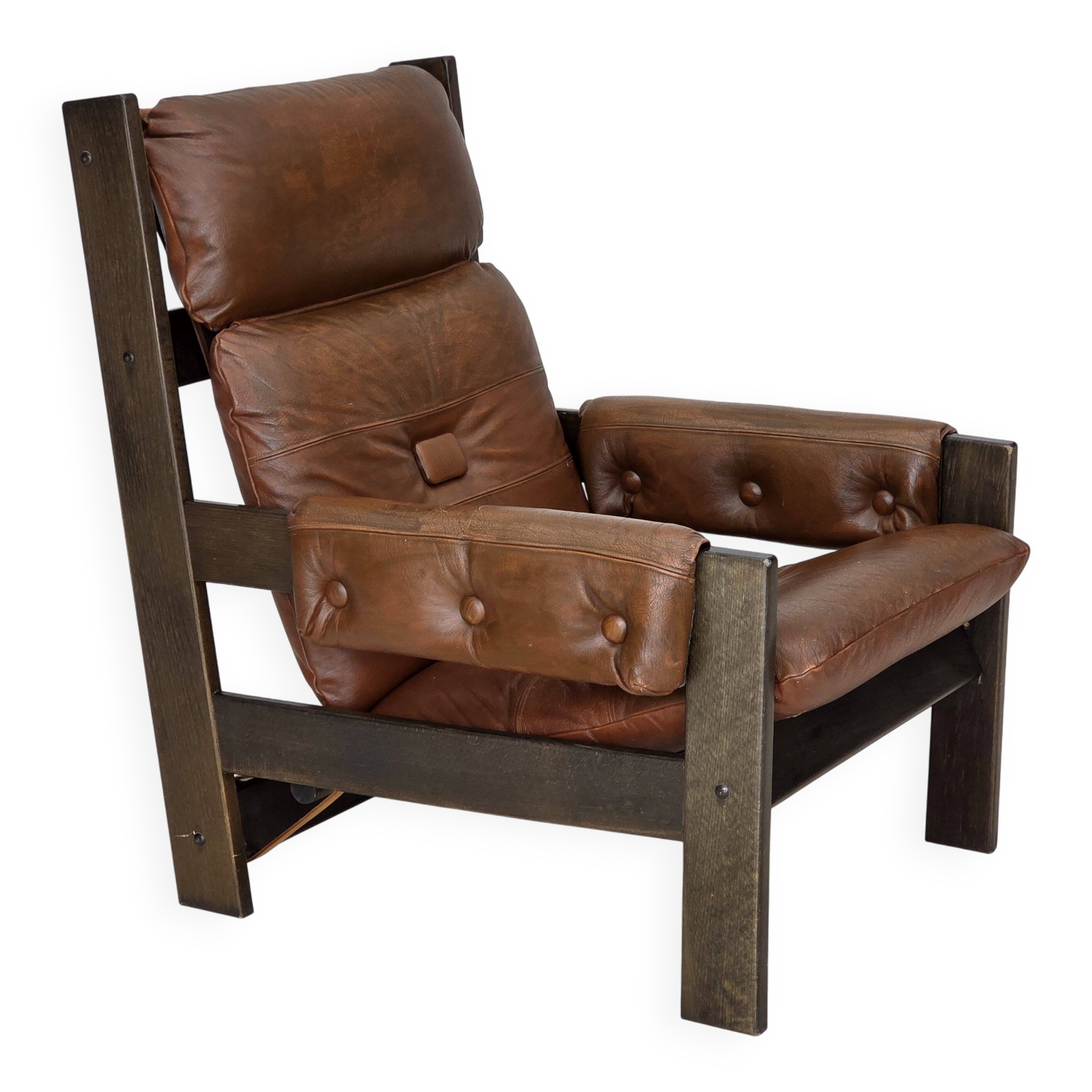 1970s, Scandinavian armchair, furniture leather, canvas, oak wood.