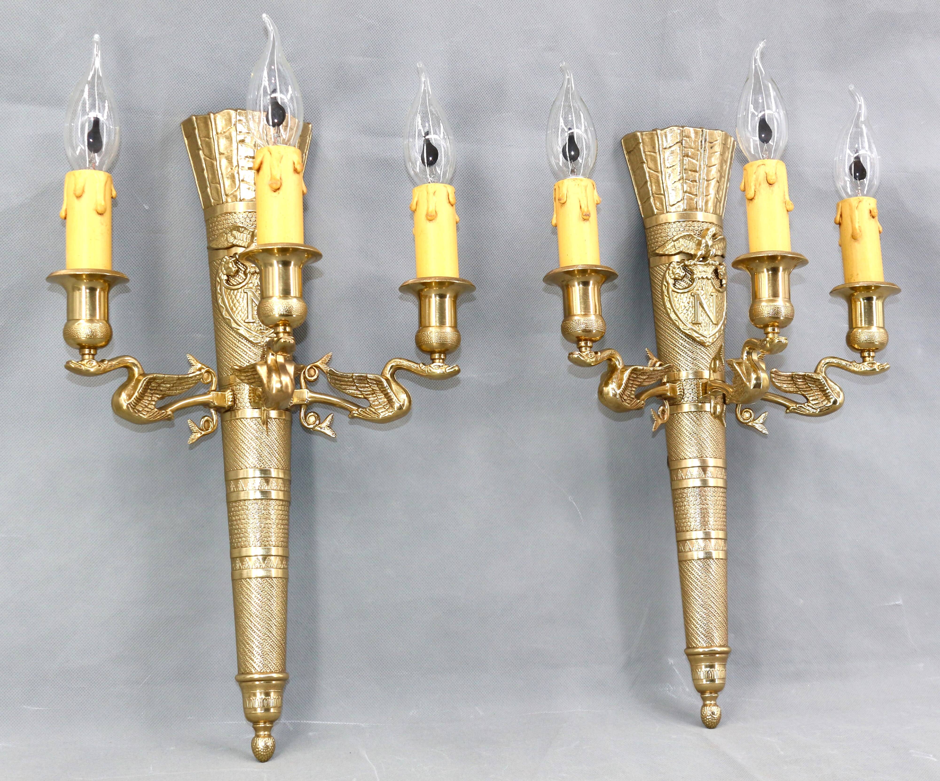 Large pair of Napoleonic gilt bronze empire style wall lights with three candles