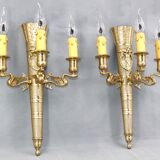 Large pair of Napoleonic gilt bronze empire style wall lights with three candles
