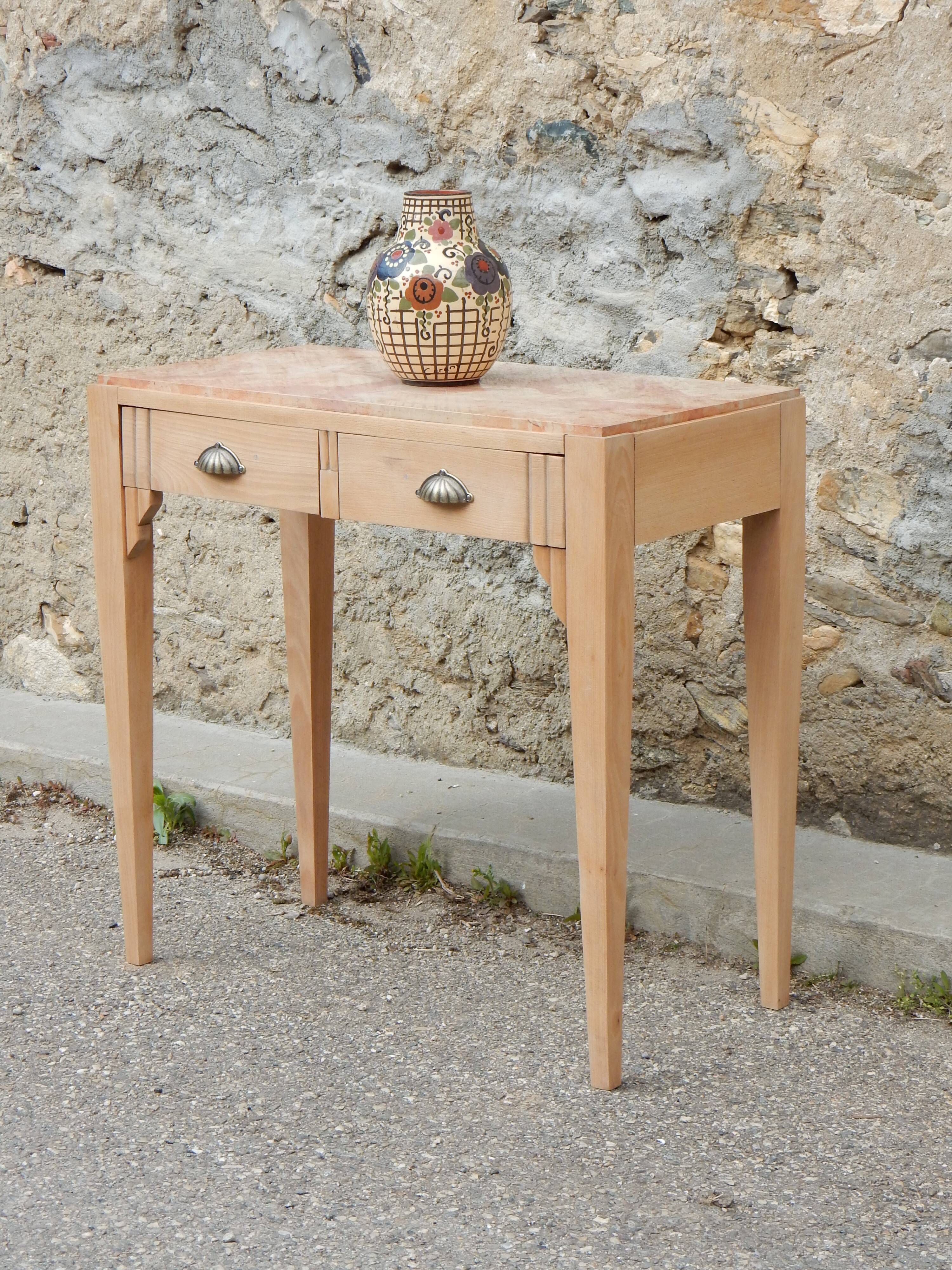 Ancienne console Art Déco - Hêtre et marbre rose - Table d'appoint