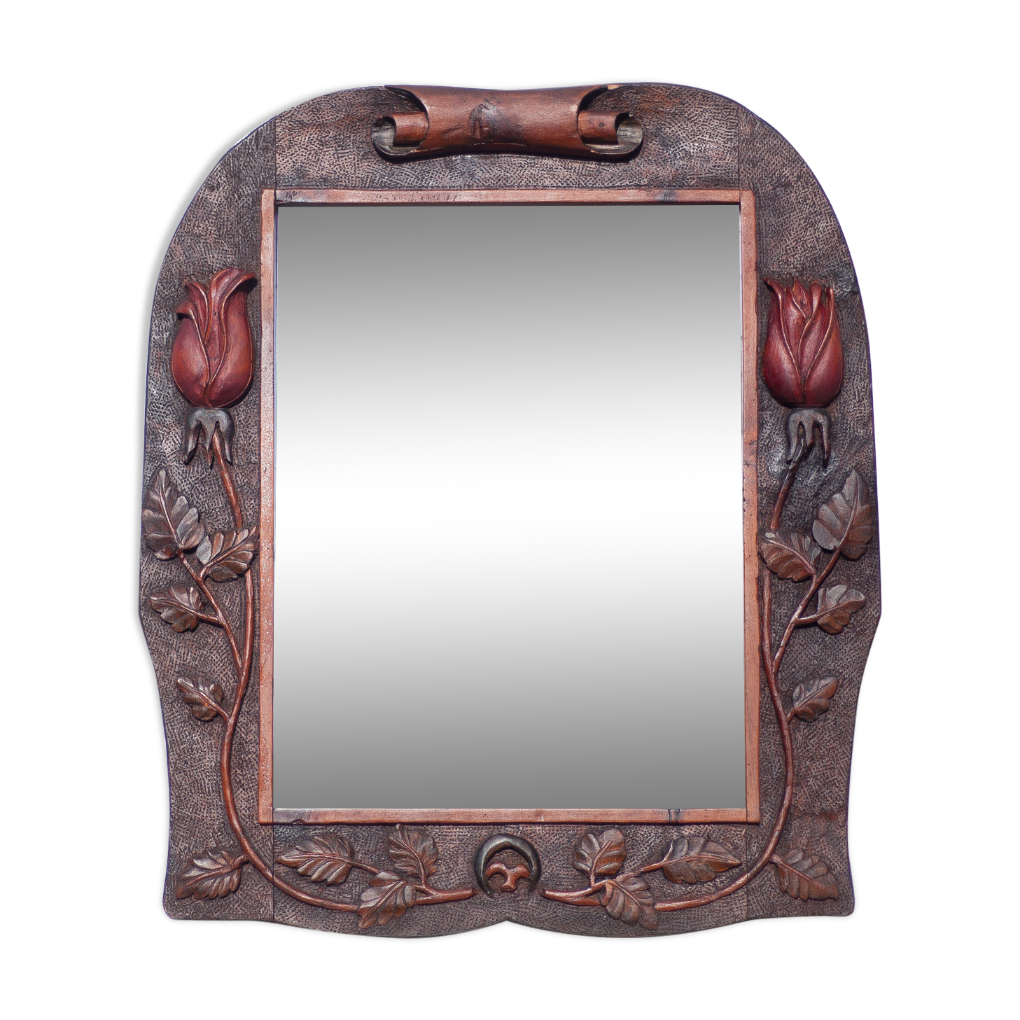 Antique wood mirror, art deco mirror, carved wood mirror tulip patterns, wall mirror, art deco