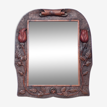 Miroir bois ancien, miroir art déco, miroir bois sculpté motifs tulipe, miroir mural, art déco