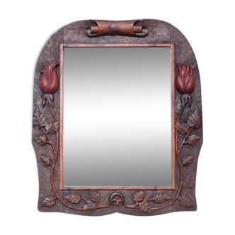 Miroir bois ancien, miroir art déco, miroir bois sculpté motifs tulipe, miroir mural, art déco