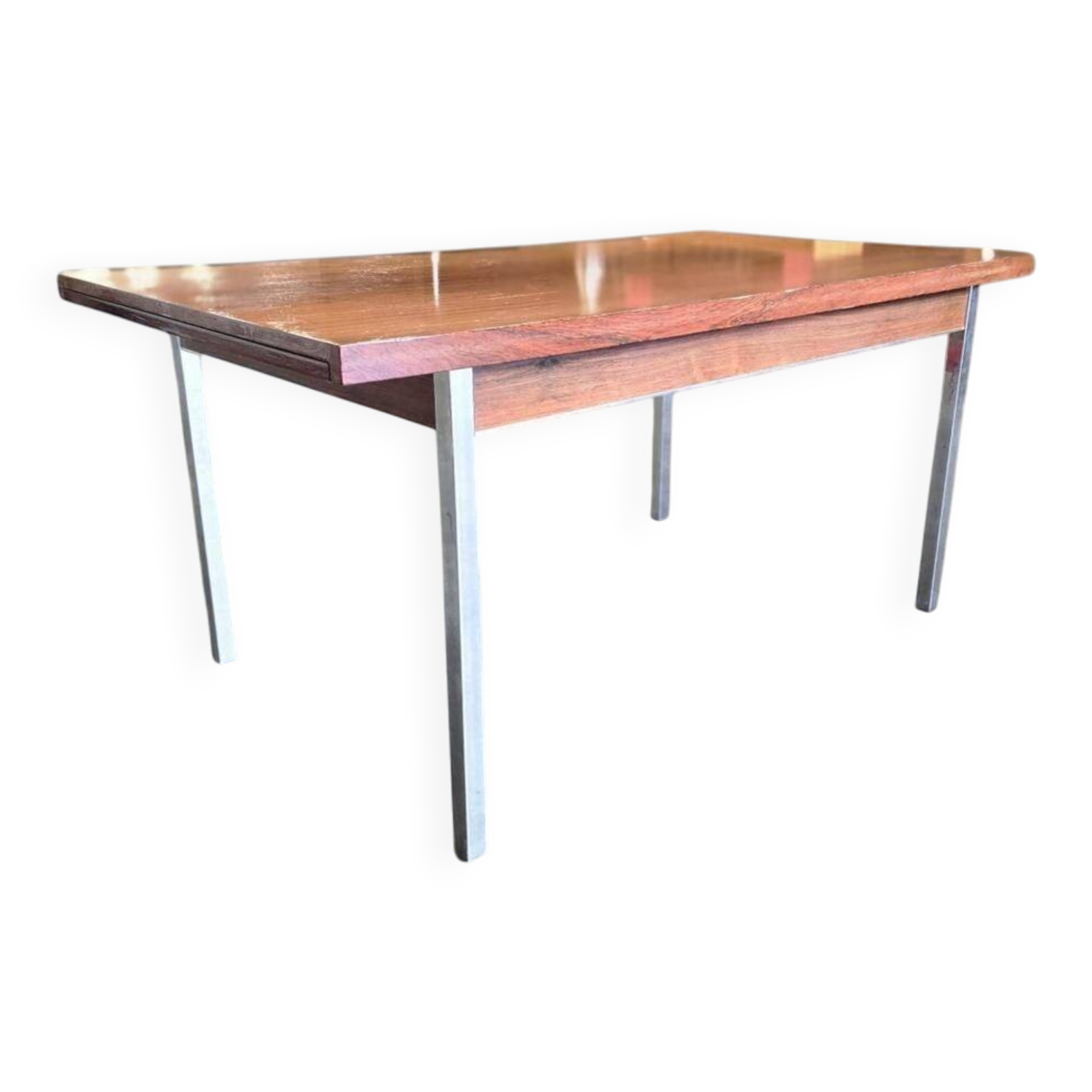 Vintage wooden dining table with chrome frame.