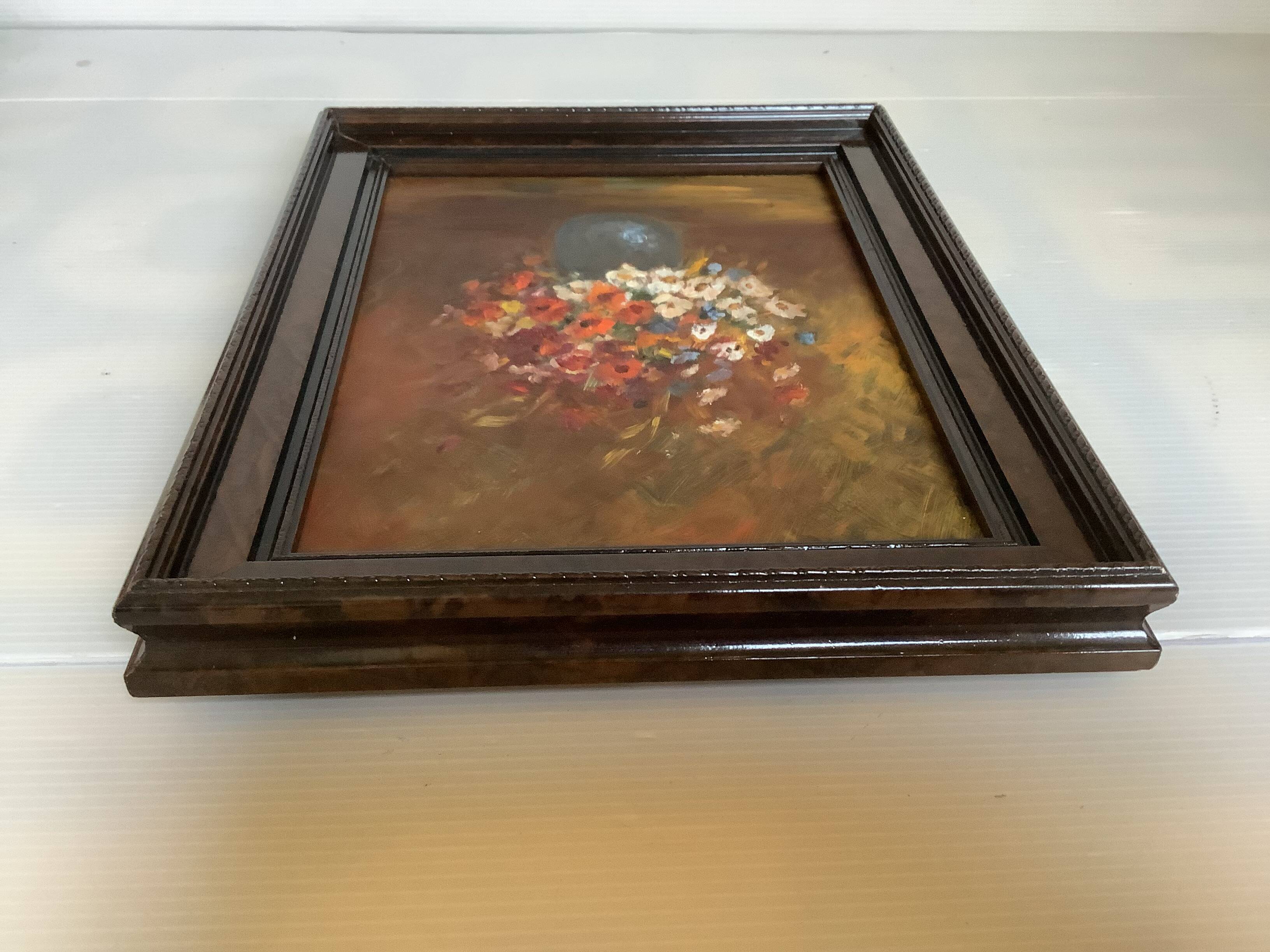 Still life of a bouquet of flowers, oil on cardboard.