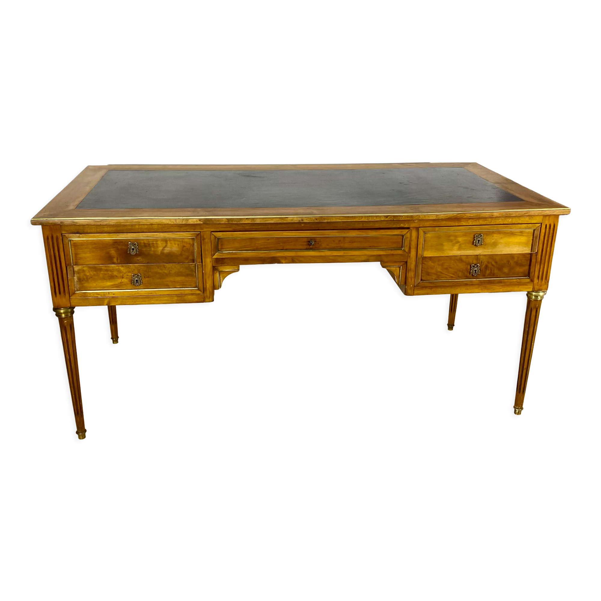 Louis XVI style desk in walnut veneer and brass fillets