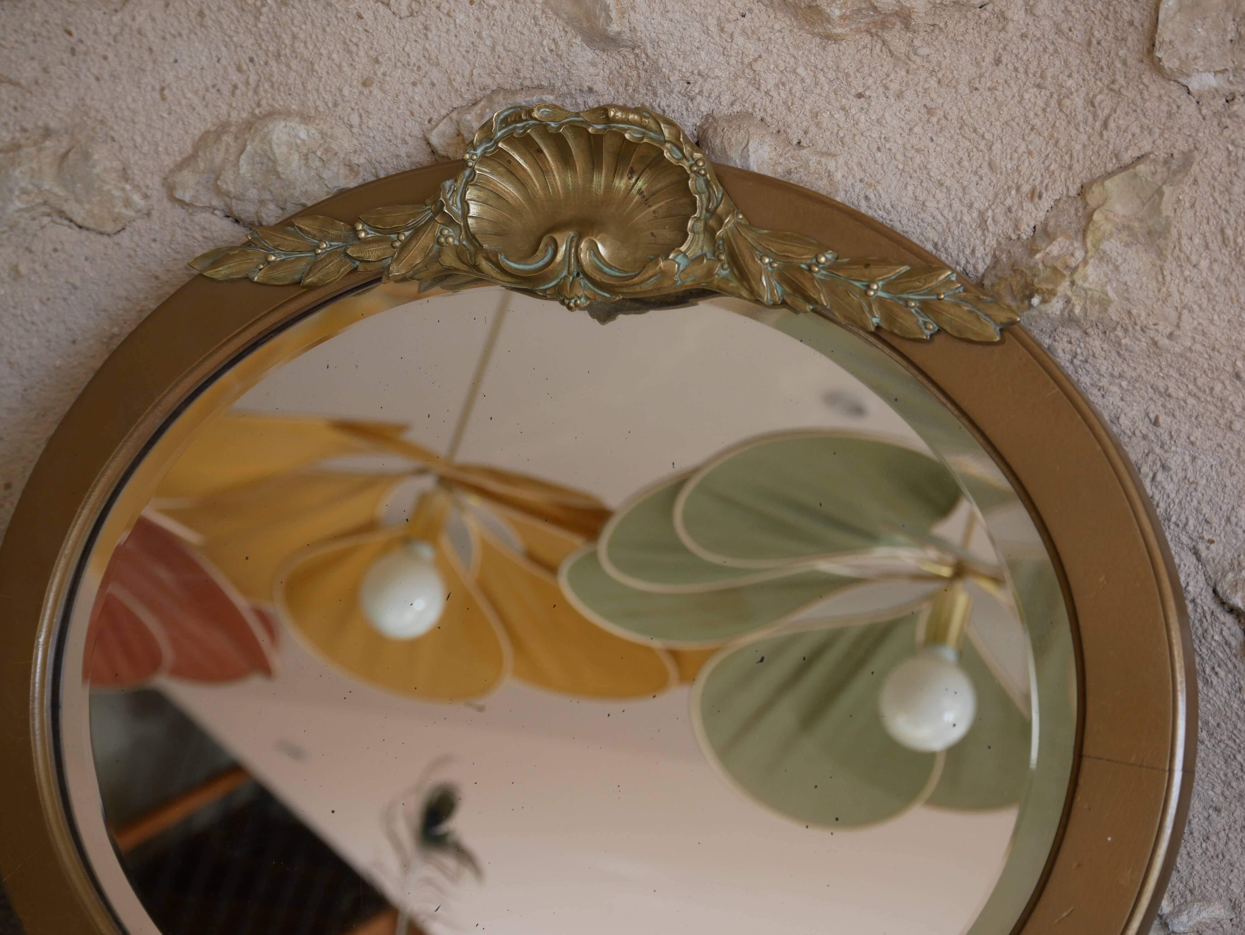 Golden wooden art deco oval mirror - 50x58cm