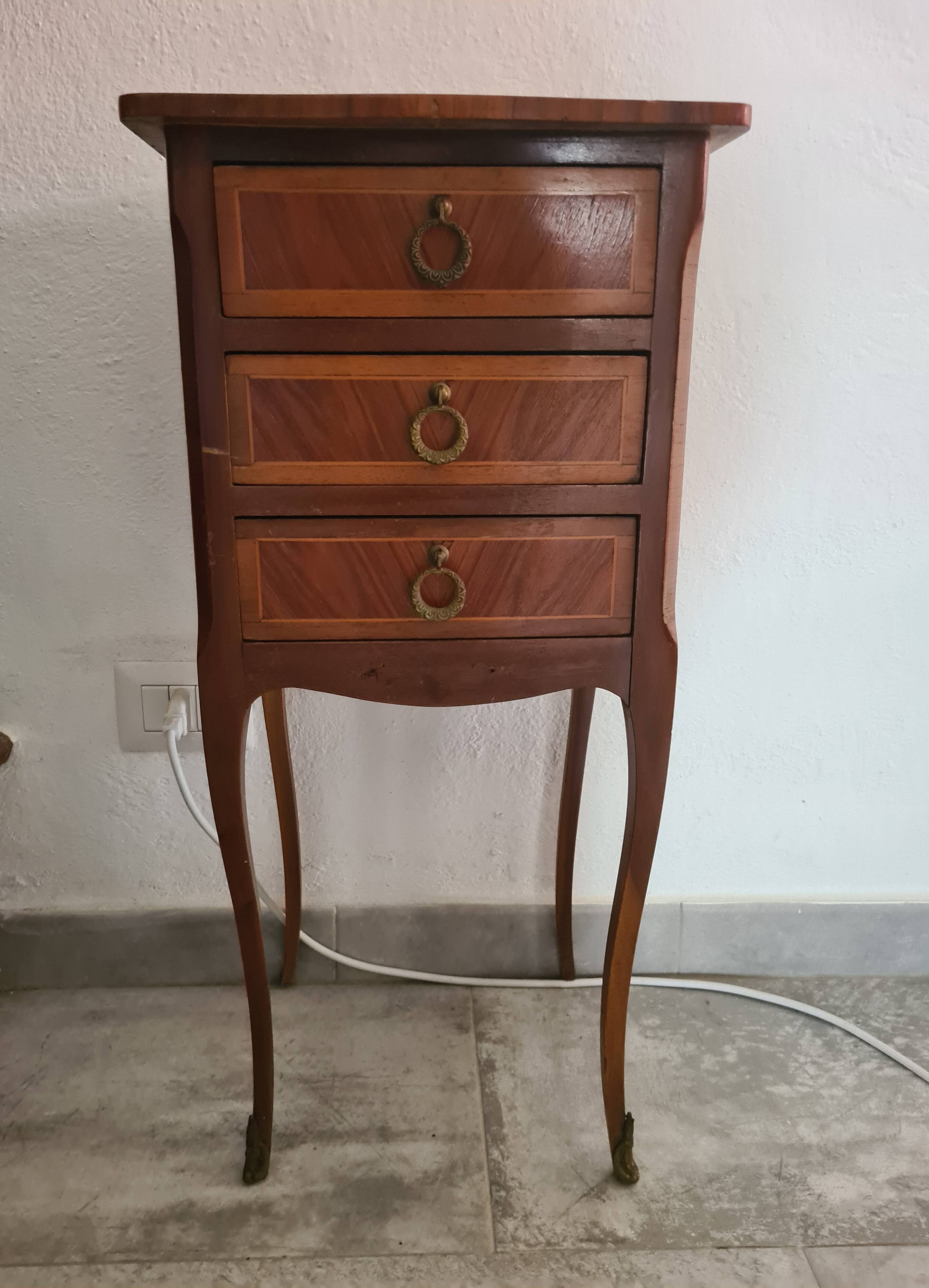 Vintage Italian Louis XV Style Side Table with 3 Drawers – Inlaid Wood & Br