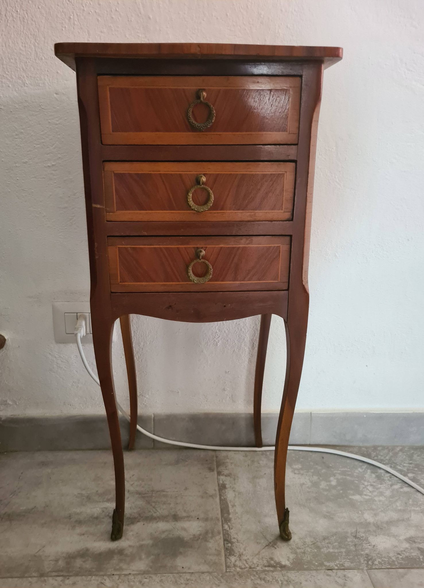 Vintage Italian Louis XV Style Side Table with 3 Drawers – Inlaid Wood & Br