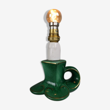 Lampe vintage française en céramique verte avec des accents dorés