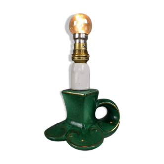 Lampe vintage française en céramique verte avec des accents dorés