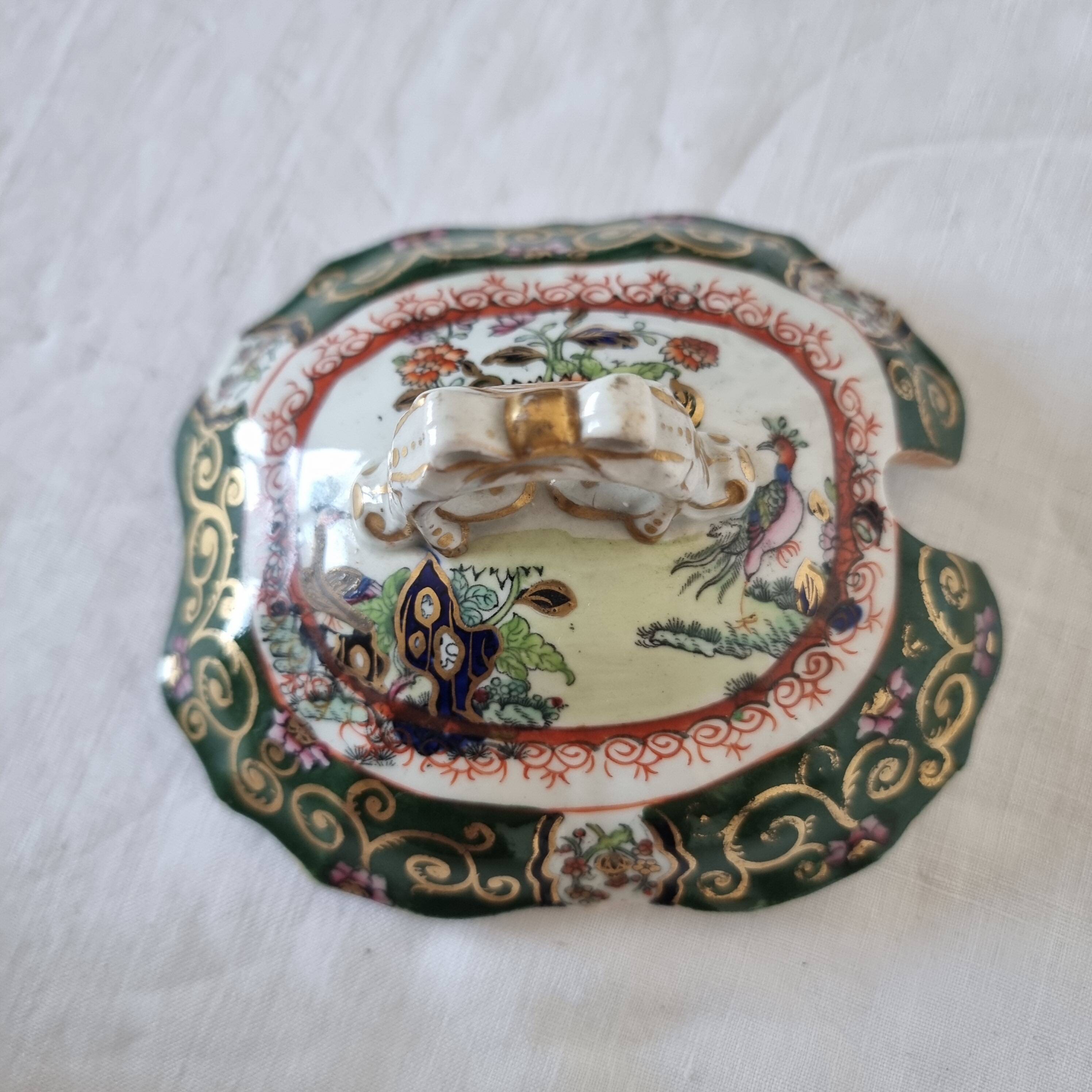Antique Masons Sauce Boat with Lid English Porcelain Chinoiserie F