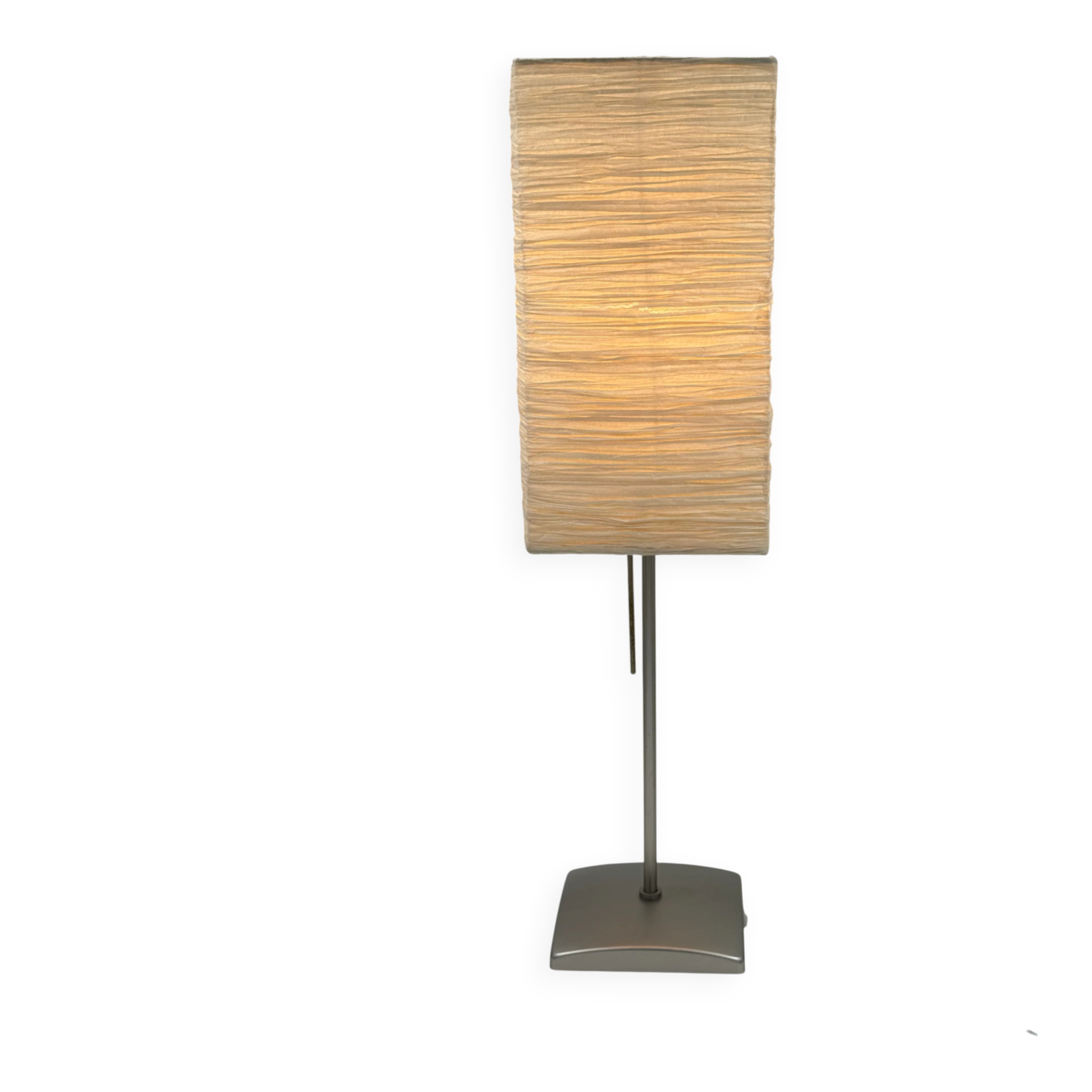Vintage table lamp made of crumpled rice paper, with a matte metal base.