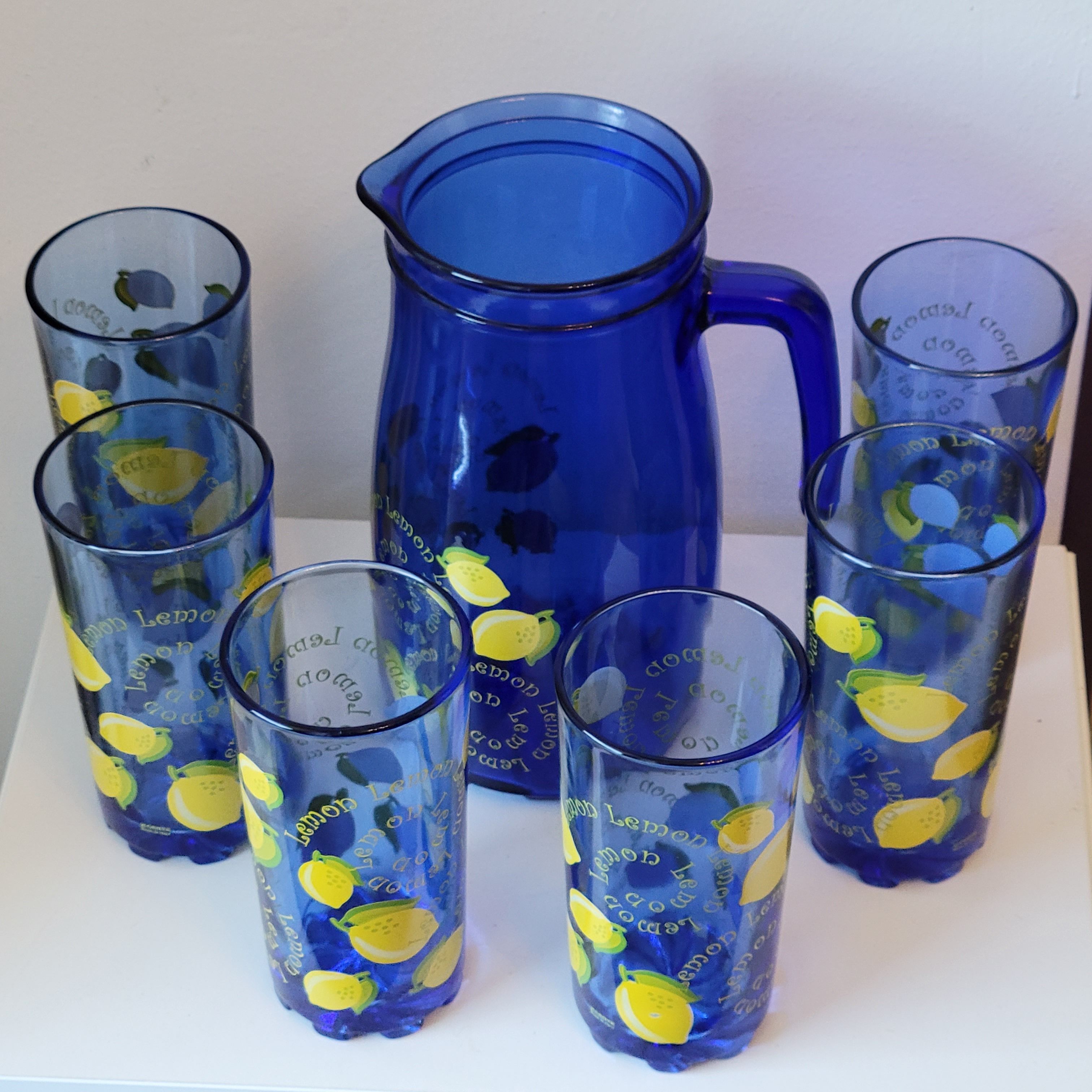 Service to orangeade citronnade in vintage blue glass carafe + 6 glasses