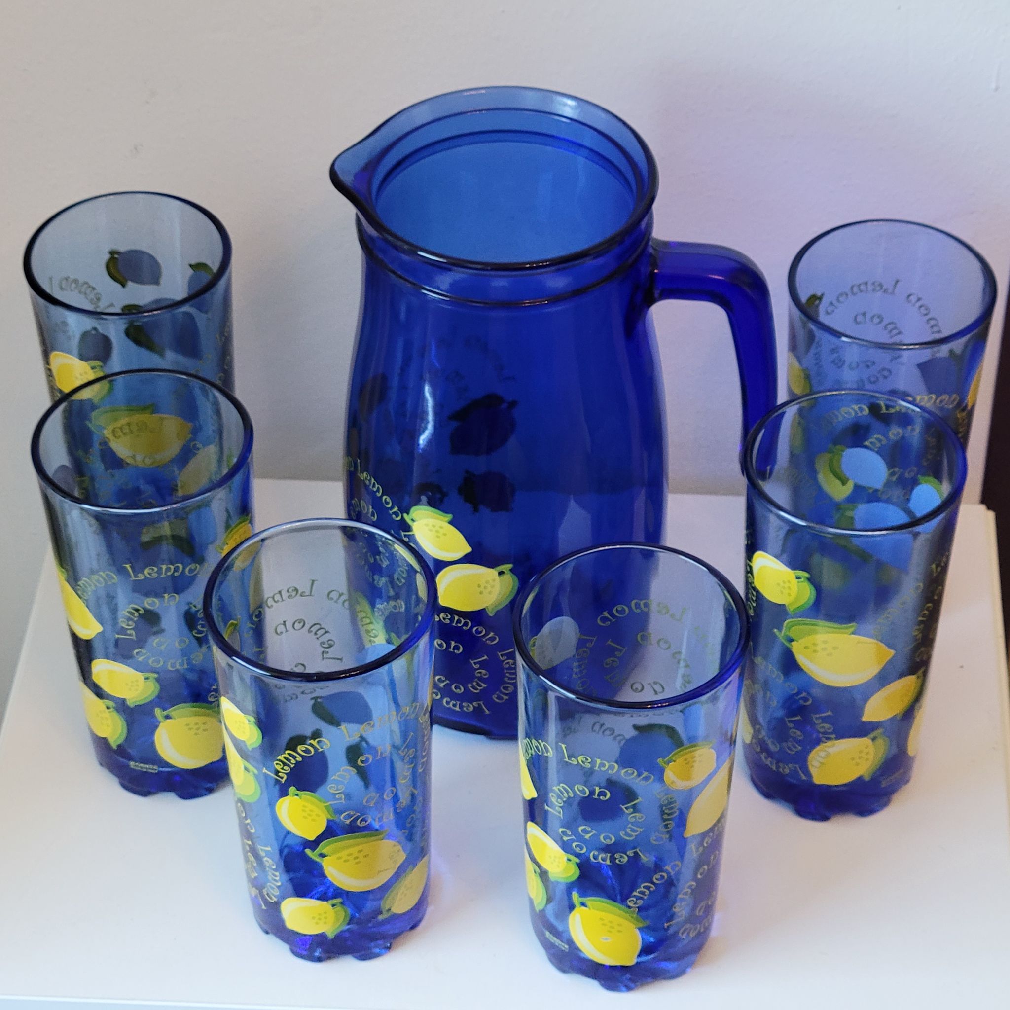 Service to orangeade citronnade in vintage blue glass carafe + 6 glasses