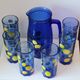 Service to orangeade citronnade in vintage blue glass carafe + 6 glasses