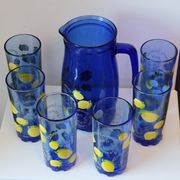 Service to orangeade citronnade in vintage blue glass carafe + 6 glasses