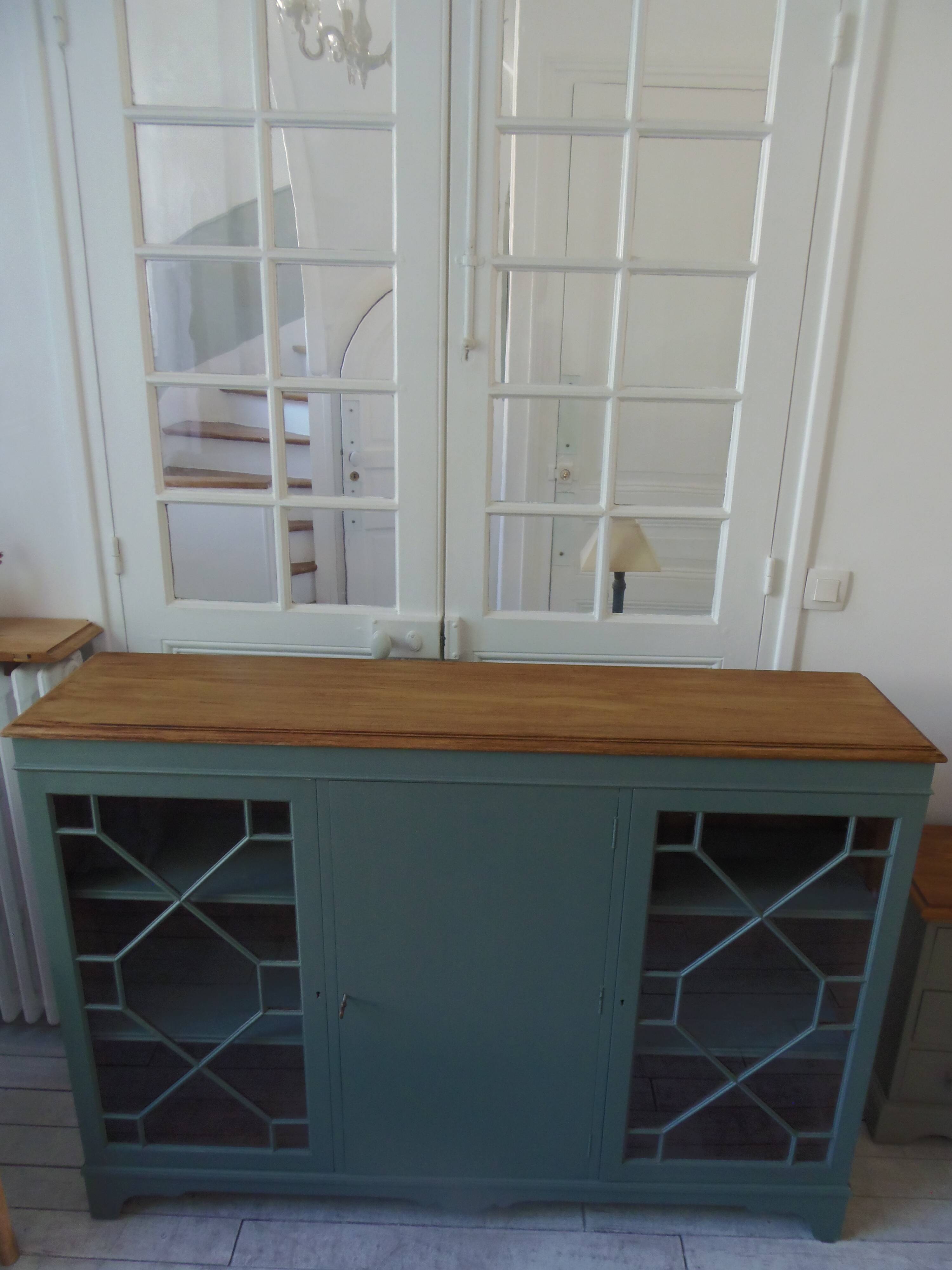 English sideboard, shallow, smoky green, wooden top.