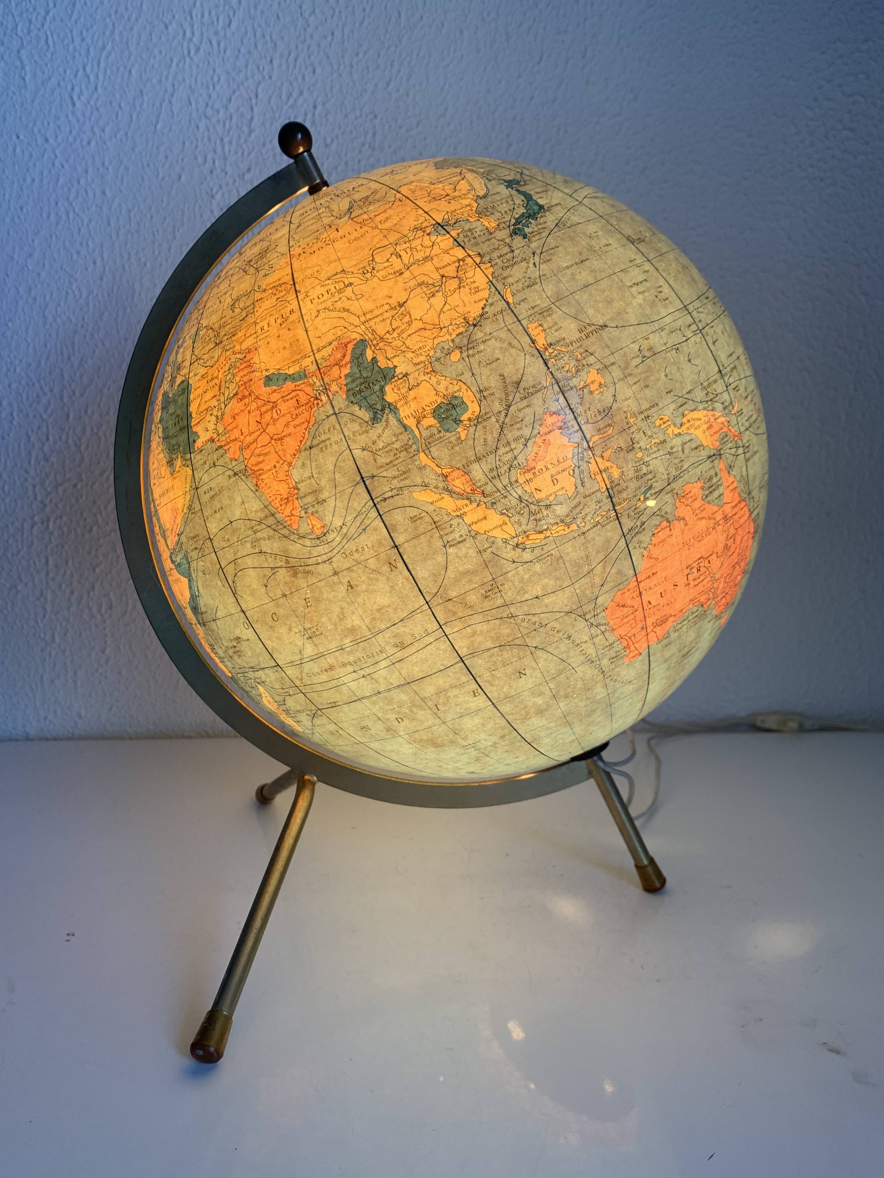 Globe vintage 1969 terrestre tripode verre Taride mappemonde - 33 cm