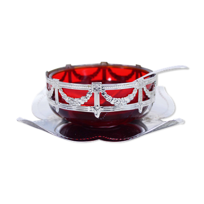 Sucrier en métal argenté et verre rouge