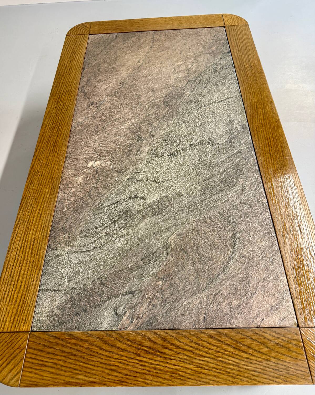 Old coffee table in wood and granite stone, vintage design from the 70s