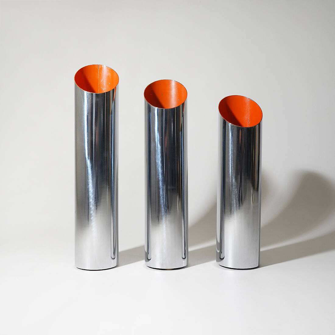 3 chrome-plated metal umbrella stands, 1970s