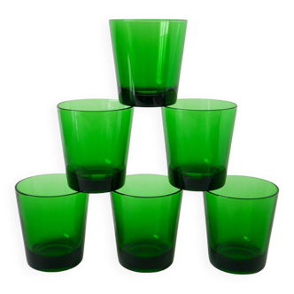Set of 6 green glass water glasses, Design, 1970