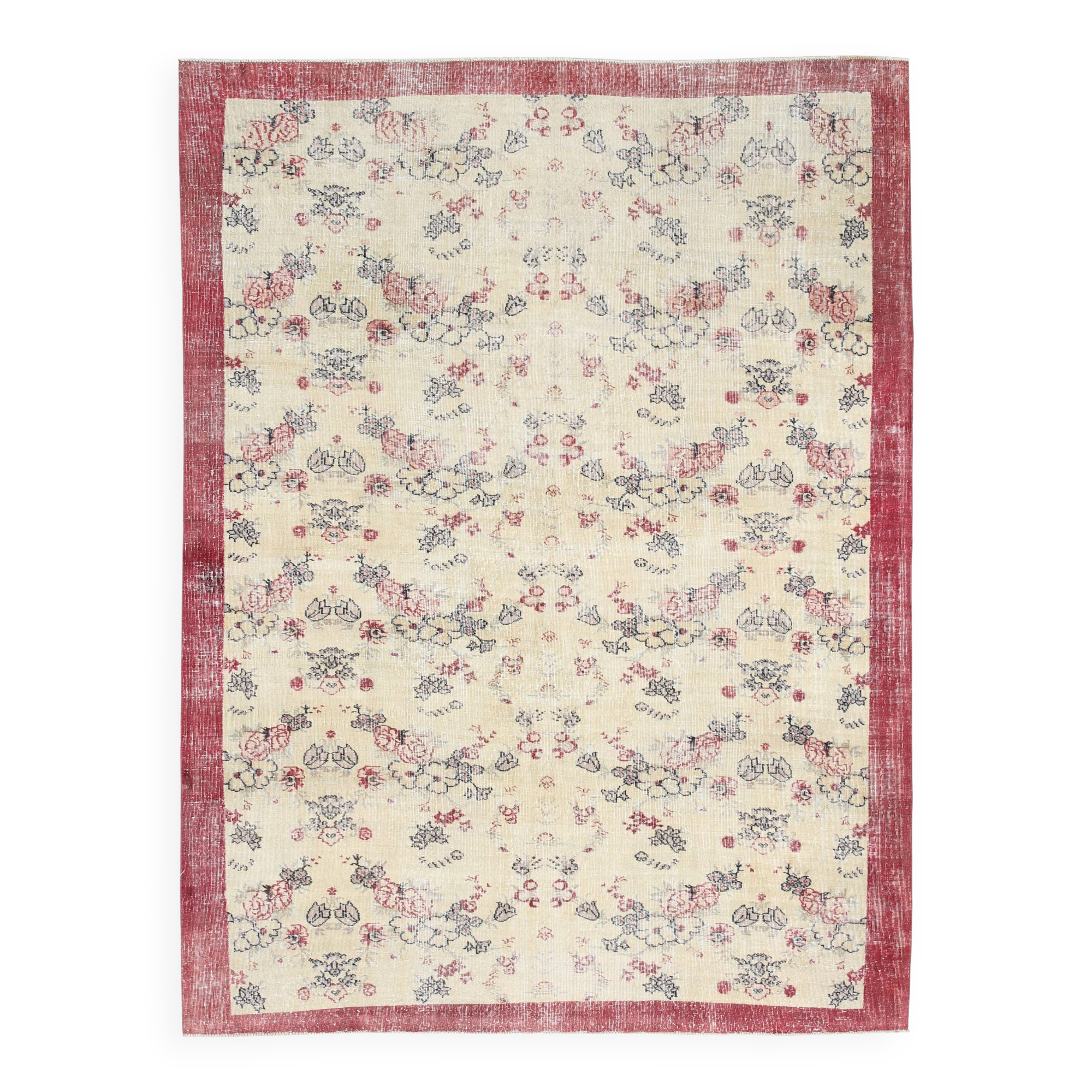 7x9 Yellow & Burgundy Floral Turkish Vintage Rug, 216x281Cm