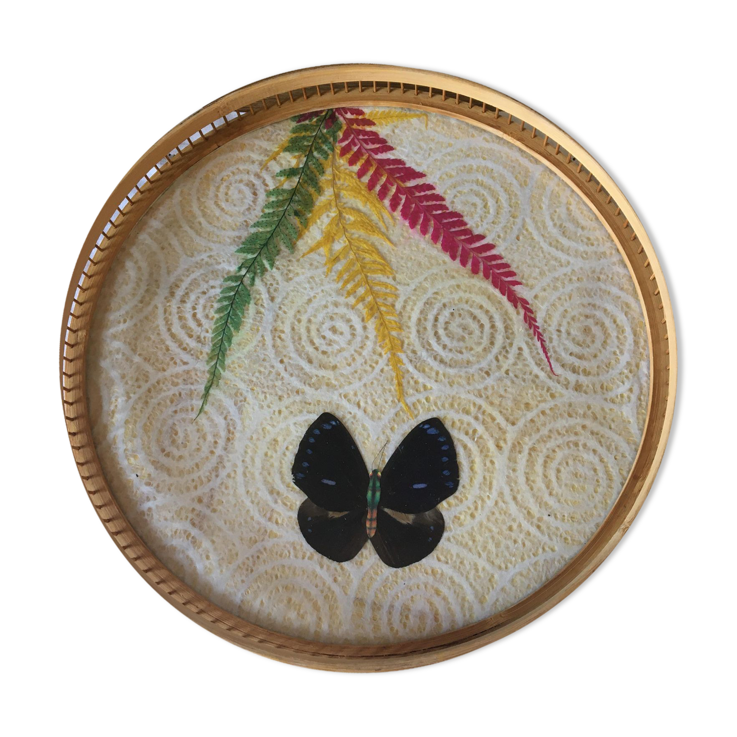 Vintage bamboo tray decorated with ferns and butterflies